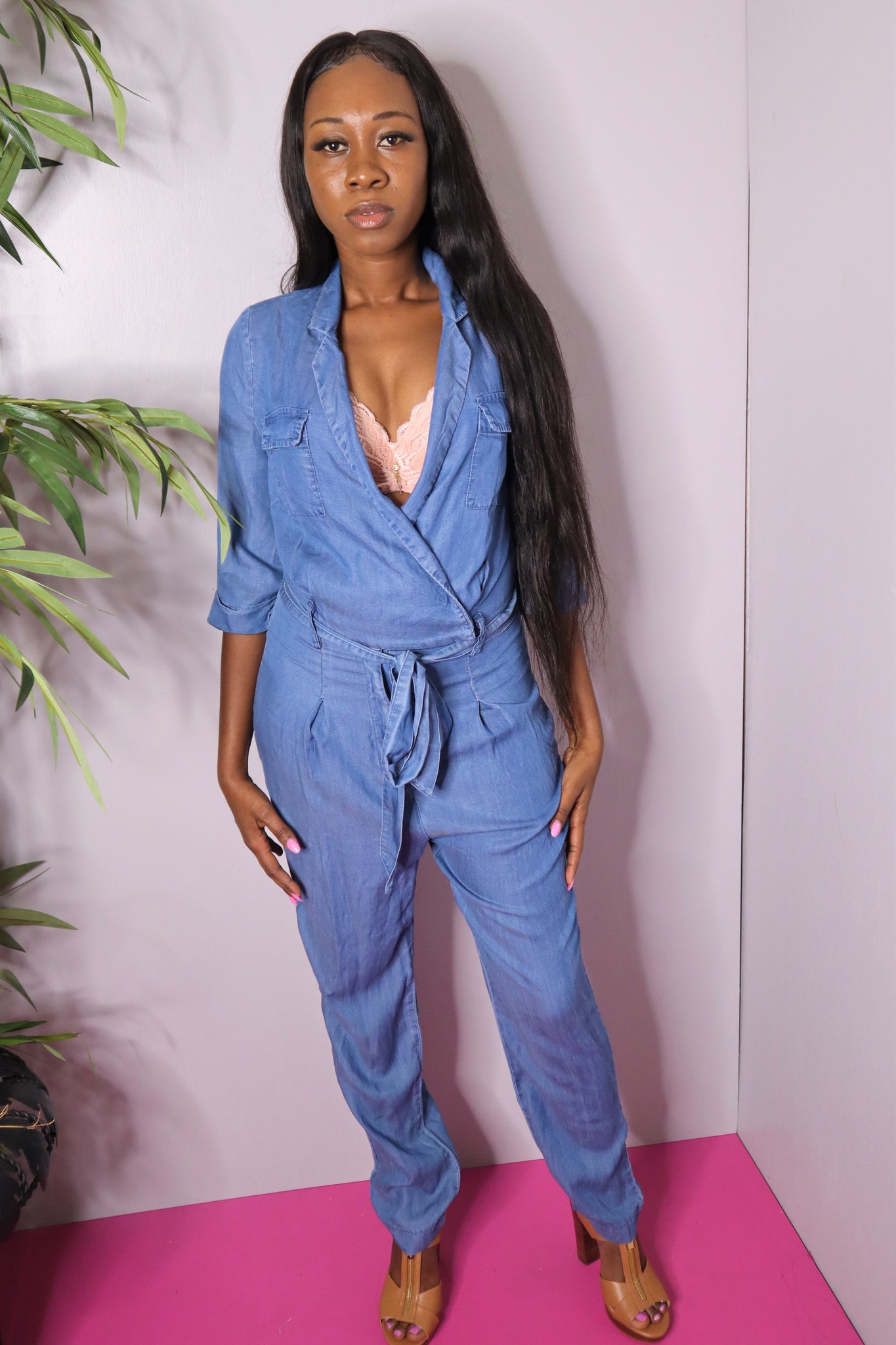 Denim wrap sales jumpsuit